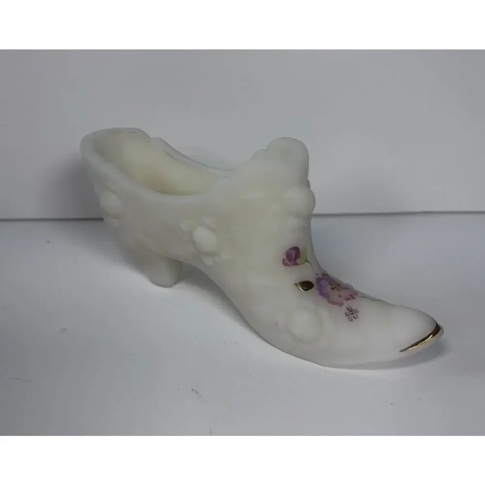Fenton White Satin Glass Hand Painted Floral Victorian Shoe Artist Signed